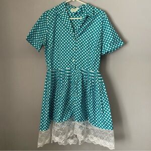 Vintage Palm Fashions Teal Blue Polka Dot Lace Hem Dress Size 16 VTG